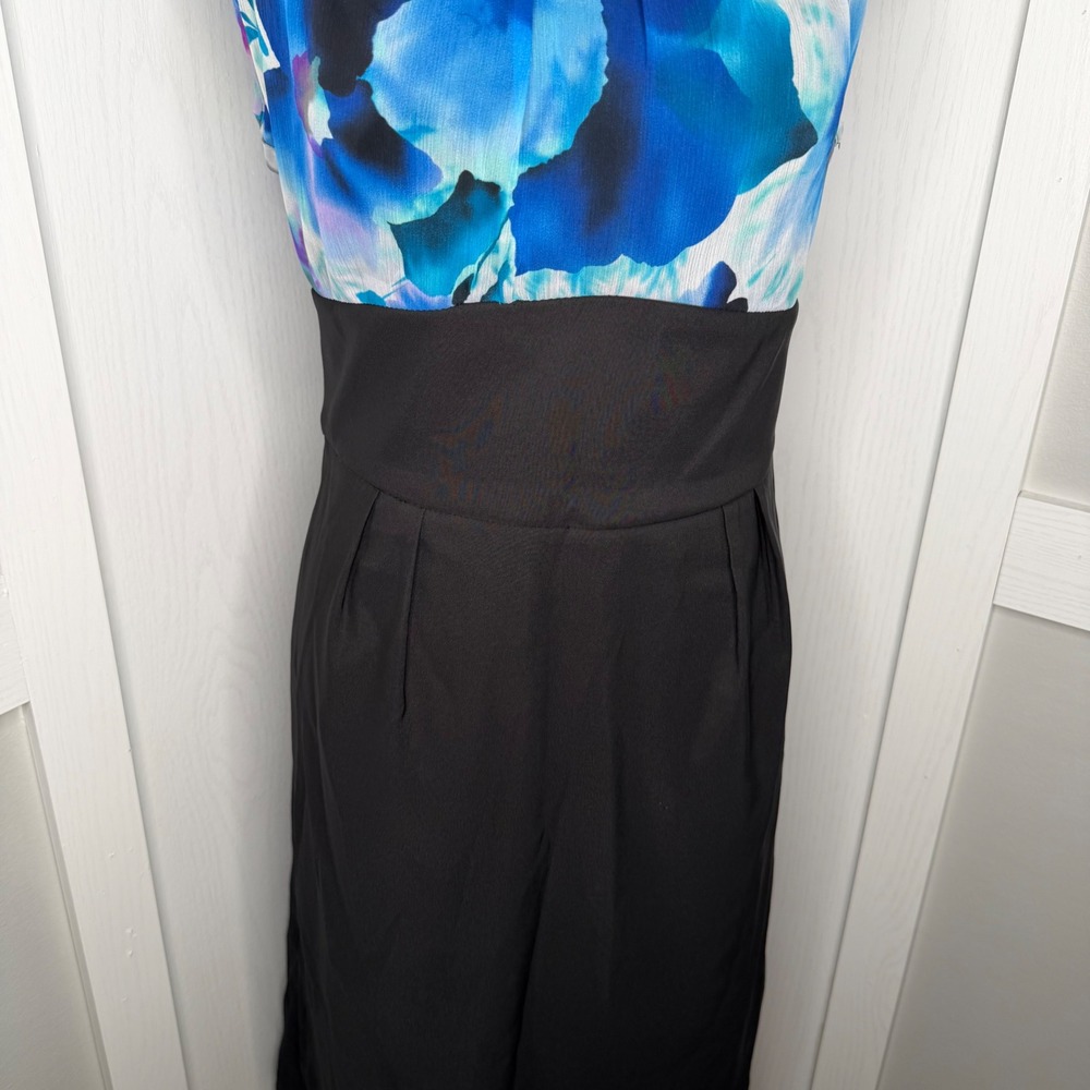 AGB Dress Women Size 12 Black Blue Floral Watercolor Cap Sleeve Empire Waist - Picture 3 of 8